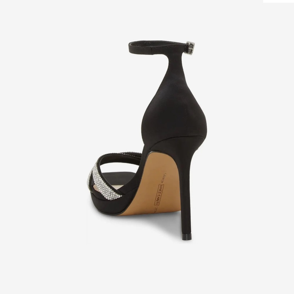 Vince Camuto Kalvira 2 Black Satin Rhinestone Square Open Toe Ankle Strap Heels - Picture 3 of 11